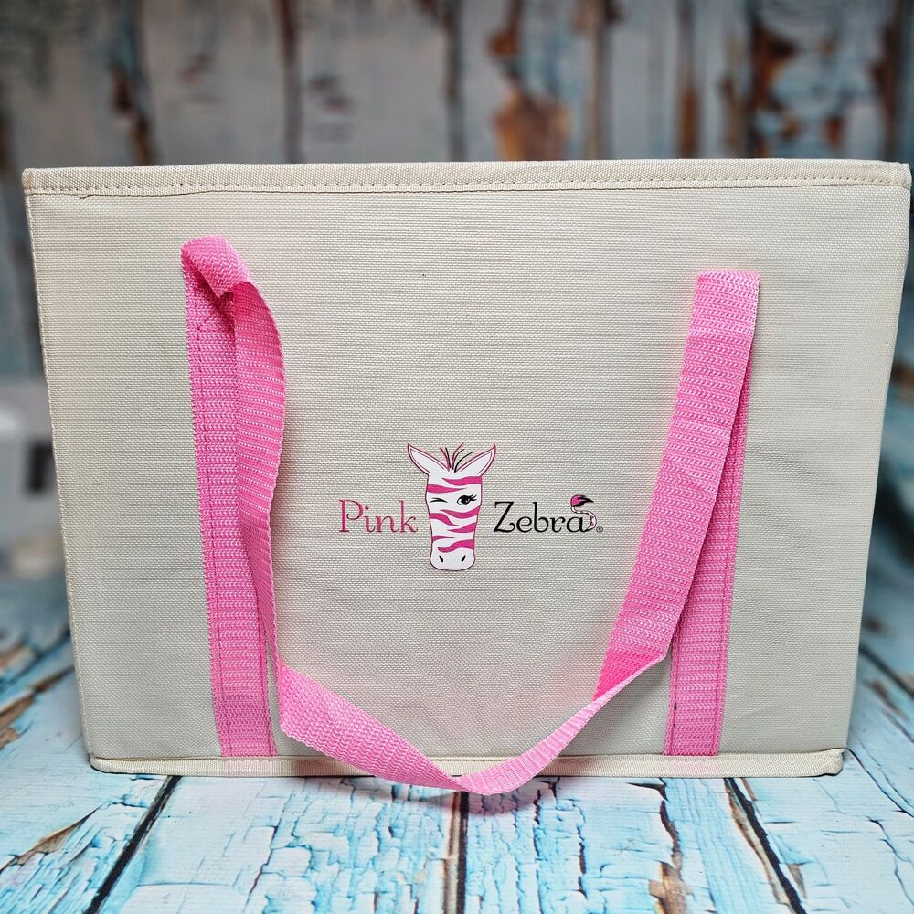 Lot of 2 Pink Zebra Logo Utility Tote Bags Beige Pink Handles New